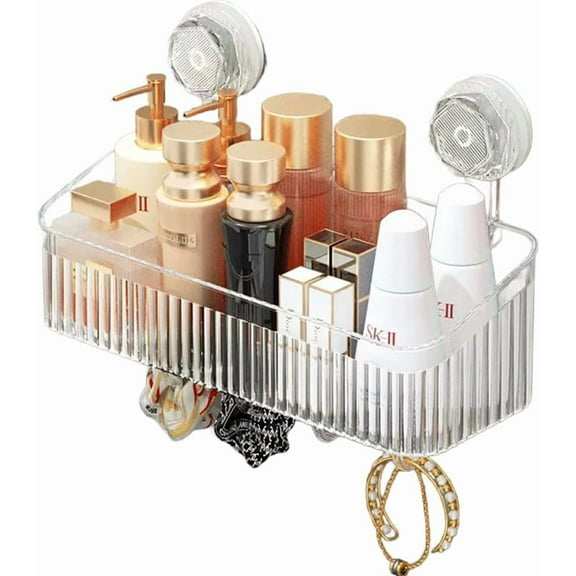 No-Drill Bathroom Storage Suction Cup Storage Box, Removable, Freely Adjustable Vacuum Suction Cup Storage Box, Large Capacity & Strong Load-Bearing, Hanging Shower Organizer (Transparent)