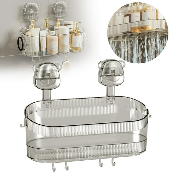 No Drill Bathroom Suction Storage Box, Corrugated Suction Cup Shower Caddy, Powerful Bathroom Organizer for Shower, Kitchen & Dorm Clear