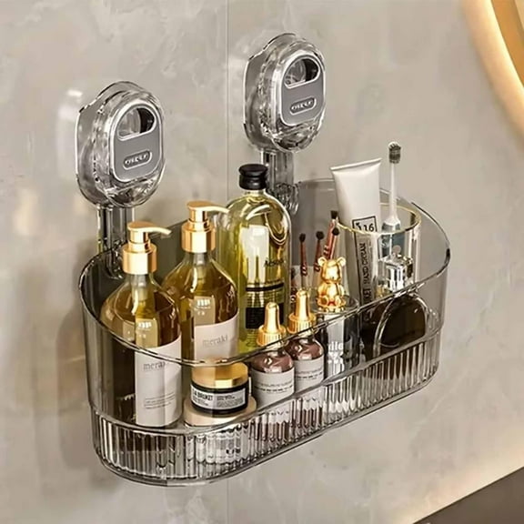 No-Drill Bathroom Suction Storage Box with Large Capacity, Heavy Duty Shower Caddy Shelf with Drain Holes, Removable Corrugated Suction Cup Hanging Basket for Wall Organizer