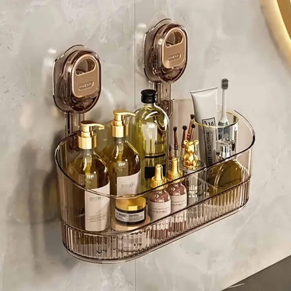 No-Drill Bathroom Suction Storage Box – Large Capacity & Strong Load-Bearing, Corrugated Suction Cup Shower Shelves with Drain Holes, Removable Hanging Storage Basket, for Bathroom Wall (1 Gold)