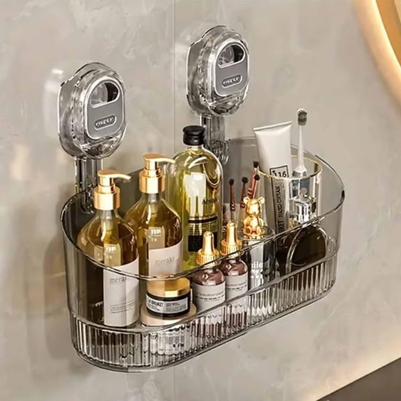 No-Drill Bathroom Suction Storage Box – Large Capacity & Strong Load-Bearing, Corrugated Suction Cup Shower Shelves with Drain Holes, Removable Hanging Storage Basket, for Bathroom Wall (1 Grey)