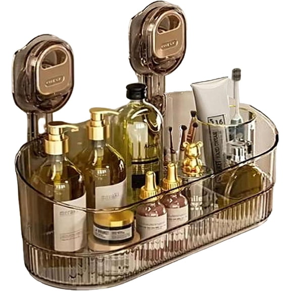 No-Drill Bathroom Suction Storage Box – Large Capacity & Strong Load-Bearing, No Drill Bathroom Shelves Drain Rack Organizer, Hanging Shower Caddy Suction Cups Heavy Duty (Gold)