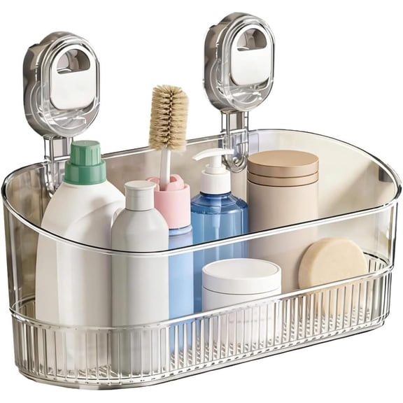 No-Drill Bathroom Suction Storage Box – Large Capacity & Strong Load-Bearing,Suction Cup Shower Shelf with Drain Holes,Removable Shower Caddy Hanging Wall Mount Showe𝐫 (Transparent)