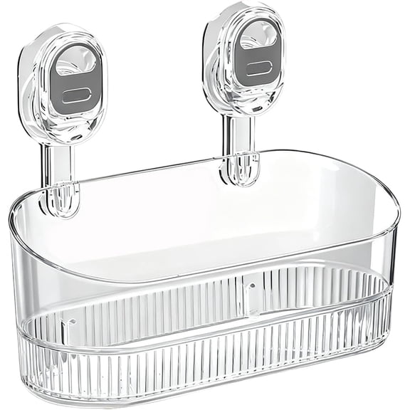 No-Drill Bathroom Suction Storage Box, Large Capacity Strong Load-Bearing Suction Cup Storage Rack with Drain Holes, Removable Shower Caddy Hanging Wall Mount Shower and Kitchen Organizer (Clear)