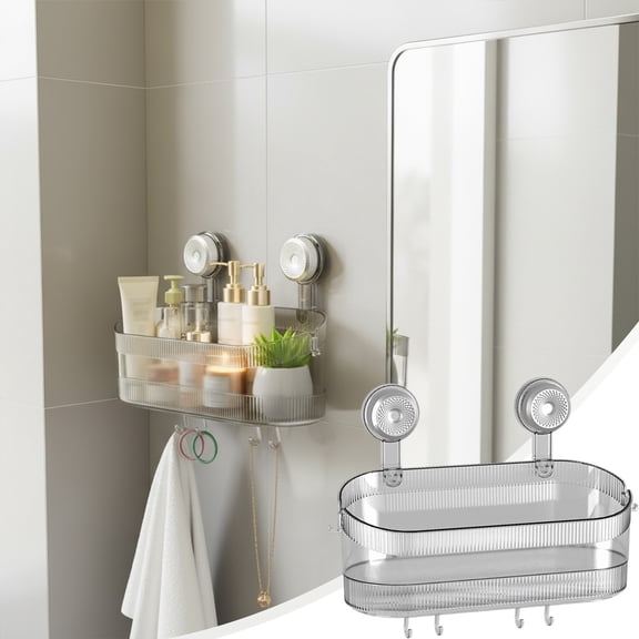 No-Drill Bathroom Suction Storage Box -Removable Shower Organizer with Hanging Hooks,Heavy Duty Corrugated Suction Cup Caddy for Shampoo and Soap,Space-Saving Kitchen Shelf for Glossy Tiles and Glass