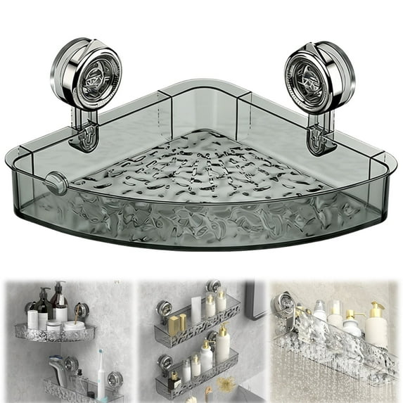 No-Drill Bathroom Suction Storage Set - Acrylic Removable Hanging Shelves Caddy (38.2x14x6cm + 32x12x4.5cm) - Powerful Suction Wall Storage Basket for Toiletries Shower Accessories 1PC Sector Grey