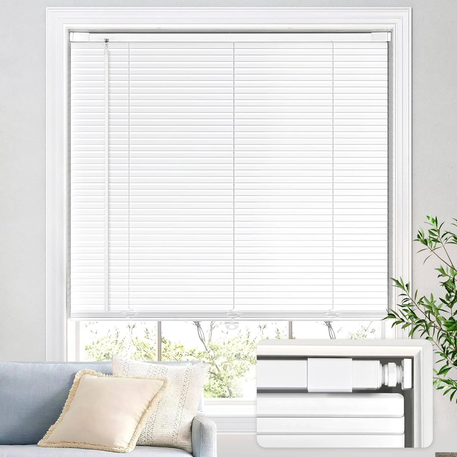 No Drill Blinds for Windows 1" Aluminum Cordless Mini Blinds L-Shaped Slat 100% Privacy, for Window Size 20" W × 64" H - White