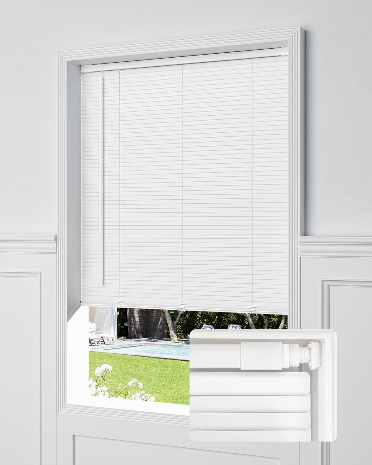 No Drill Blinds for Windows 1" Vinyl L-Shaped Slats Cordless Mini Blinds for Home, for Window Size 22" W × 36" H White