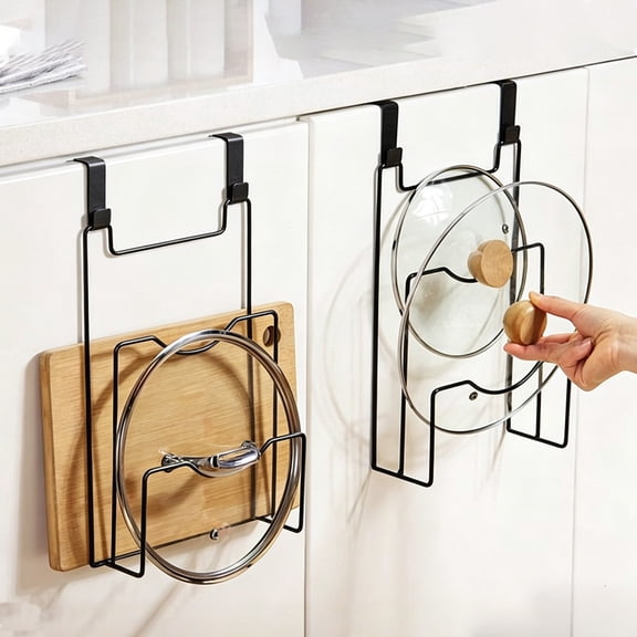 No Drill Cabinet Door Pot Lid Holder, Wall Mount Iron Pan Lid Cutting Board Rack, Kitchen Hanging Storage Organizer Shelf