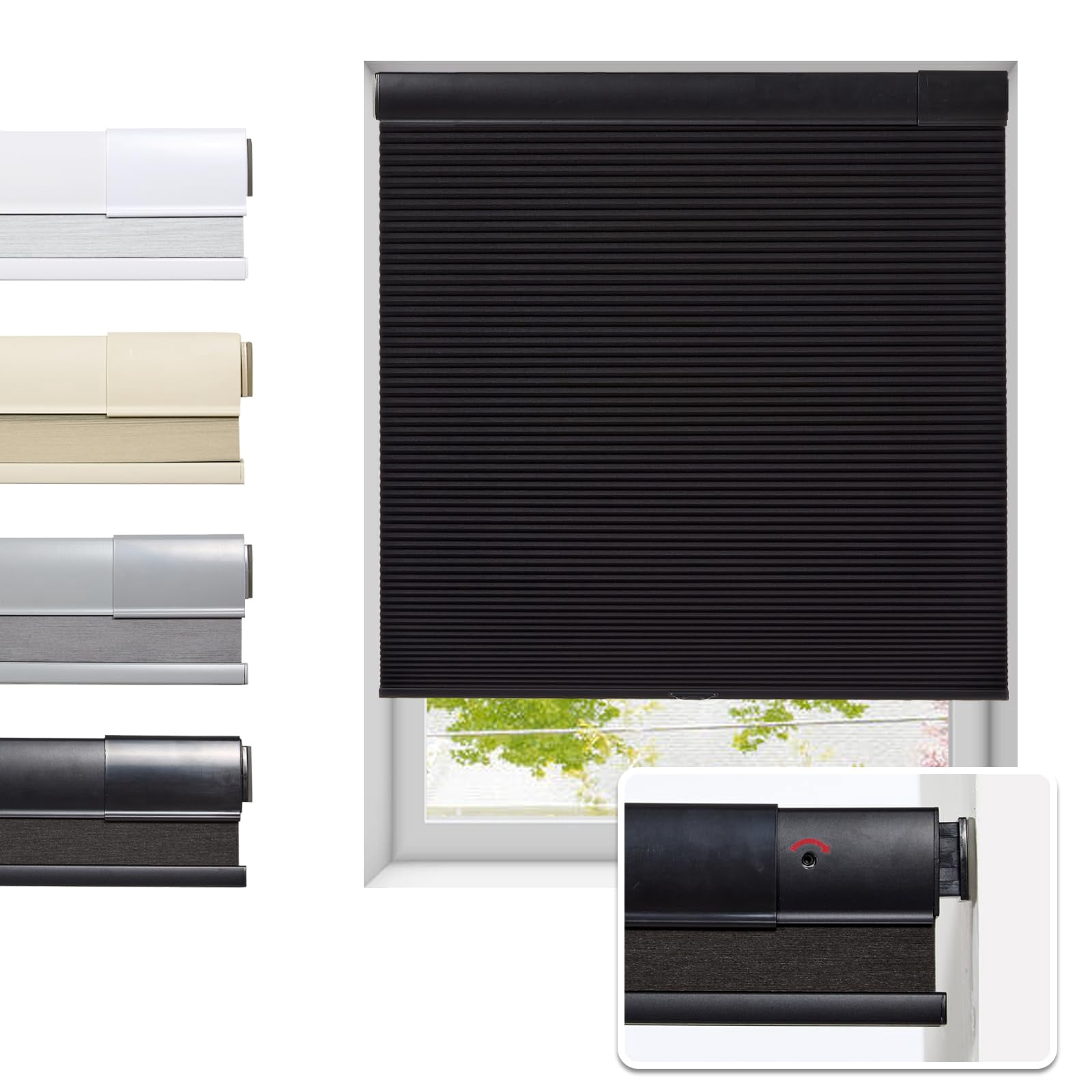 No Drill Cellular Shades For Indoor Windows  Thermal Insulating & Noise Reducing Honeycomb Blinds Free Stop Cordless Blackout Black 18 1/2" W X 64" H