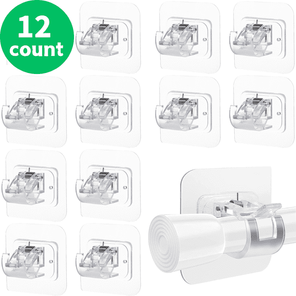 Cayton No Drill Curtain Rod Brackets Self Adhesive, for Bathroom Kitchen Living Room,Transparent,12 packs