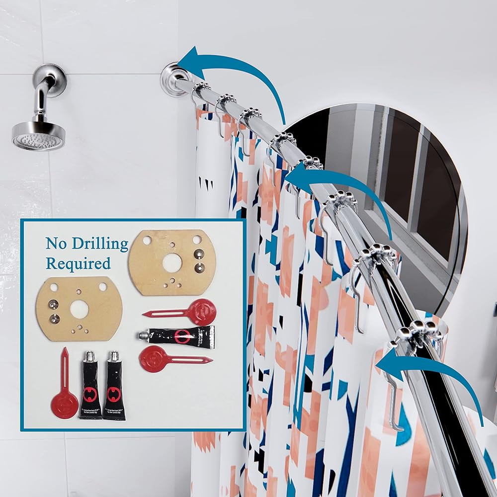 No Drill Curved Shower Rod Secure Mount Patented For Tile, Stone