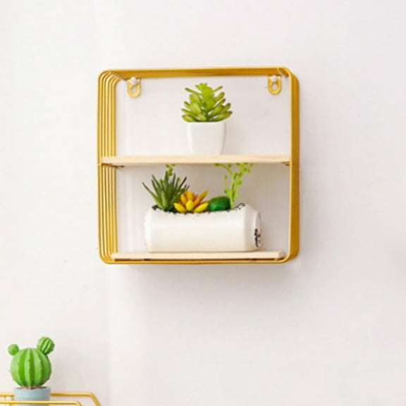 No-Drill Double-Layer Wall Storage Rack, Iron & Solid Wood Wall-Mounted Shelf, European Style Decorative Organizer for Living Room/Bedroom, Holds Small Plants/Figurines(9.84x9.84x4.72in,Gold)
