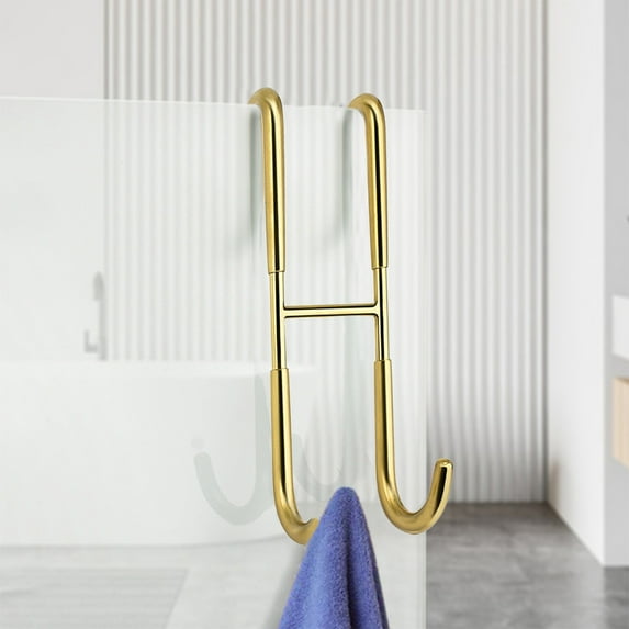 No Drill Double Sided Hooks 10 Inch, Stainless Steel Bath Towel Hangers for Glass Doors, 2-Way Hanging Mount Heavy Duty Hook for Bathroom (Gold)