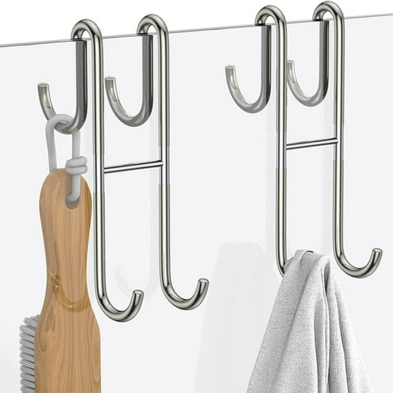 No Drill Double Sided Hooks 10 Inch, Stainless Steel Bath Towel Hangers for Glass Doors, 2-Way Hanging Mount Heavy Duty Hook for Bathroom (Silver)