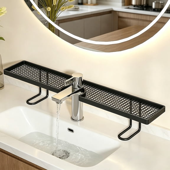 No Drill Faucet Mount Storage Rack, Tool-Free Sink Organizer Saving Bathroom Countertop Space, Punch-Free Kitchen Sink Storage Holder white