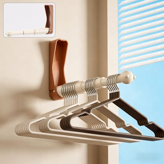 No-Drill Foldable Hanger Storage Rack, Retractable Wall Mount Clothes Hanger Organizer, Space Saving Balcony Laundry Drying Holder