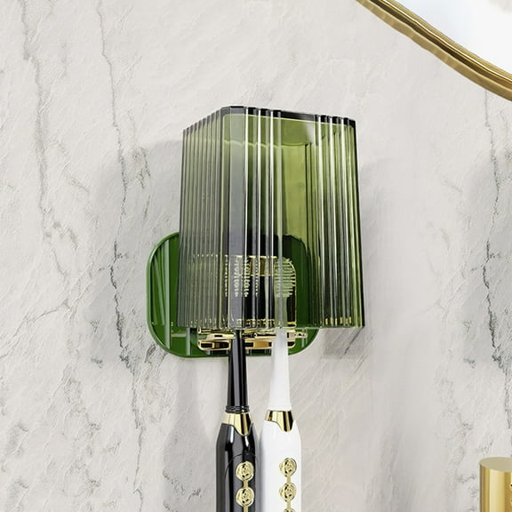 No-Drill Hygienic Toothbrush Organizer with Dustproof Cover, ABS Plastic Wall-Mounted Bathroom Storage for Brushes, Razor & Comb – Space-Saving Green Green