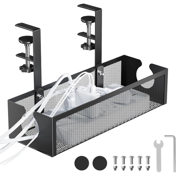 No-Drill Metal Under Desk Cable Management Tray, Power Strip & Cable Organizer for Home Office,Under Desk Storage,Organizer Tray,Black