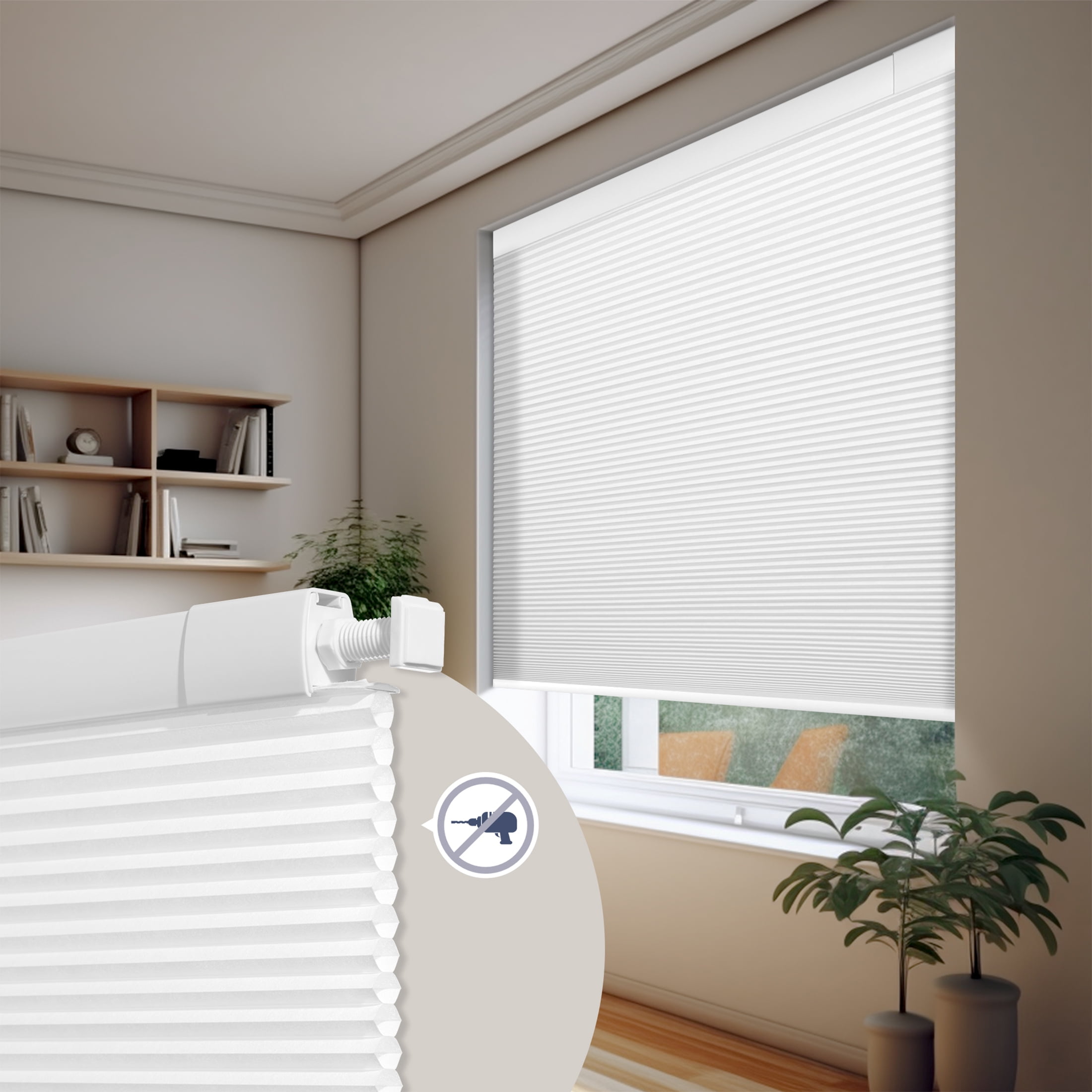 ZimJAHO No Drill No Tools Cellular ShadesBlackout Color-Matched Honeycomb Blinds Easy to Install Cordless Cellular Blinds for Windows, Light Filtering-White, 61"W x 48"H