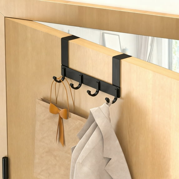No Drill Over The Door Hooks 6 Hooks Coat Rack Towel Hanger for Bathroom Bedroom Door Organizer Space Saver Black