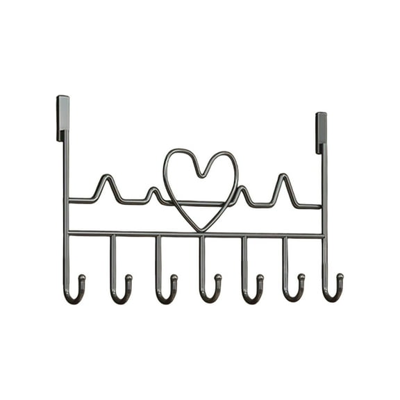 No-Drill Over-the-Door Hook Rack - Black Heart Design 7-Hook Hole-Free Hanger, Multi-Use Organizer for Coat Bag Towel Bedroom Kitchen Entryway