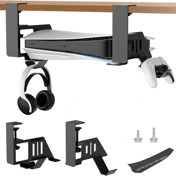 No-Drill Under Desk Mount for PS5/PS5 Pro/PS5 Slim Digital & Disc, with Clamp Mount, EVA Foam and Screws-Black