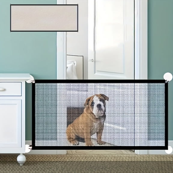 No-Drill Pet Gate for Doors - Adjustable Dog & Cat Barrier with Anti-Climb Mesh & Built-in Pet Door (70" Wide, Black Polyester, Renters Friendly)‌