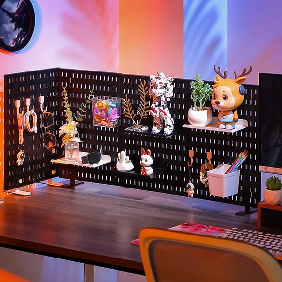 No-Drill Plastic Pegboard Wall Panel with Adjustable Hooks, Durable Black Grid Storage Rack for Study, Living Room, and Gaming Room Organization, Modern Desk and Wall Organizer