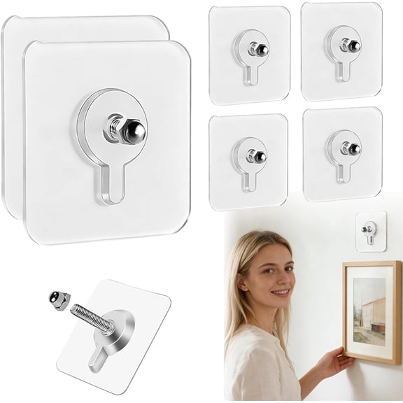 No-Drill Screw Stickers, 2026 Upgraded Reusable Drill Free Adhesive Hooks, Removable Nail Free Wall Hangers, Picture Hangers Without Nails for Wall Mount, Bathroom, Home, Kitchen, Office (2PCS)
