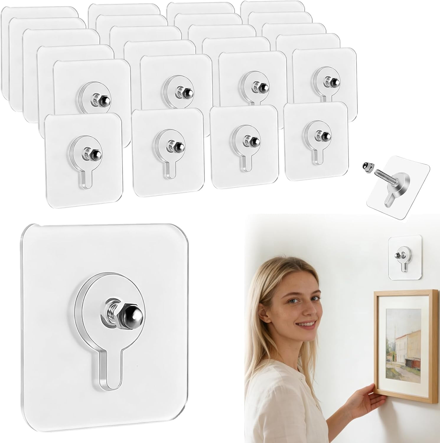 No-Drill Screw Stickers, 2026 Upgraded Reusable Drill Free Adhesive Hooks, Removable Nail Free Wall Hangers, Picture Hangers Without Nails for Wall Mount, Bathroom, Home, Kitchen, Office (24PCS)