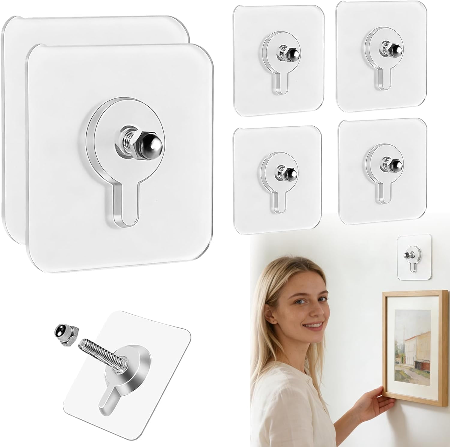 No-Drill Screw Stickers, 2026 Upgraded Reusable Drill Free Adhesive Hooks, Removable Nail Free Wall Hangers, Picture Hangers Without Nails for Wall Mount, Bathroom, Home, Kitchen, Office (6PCS)