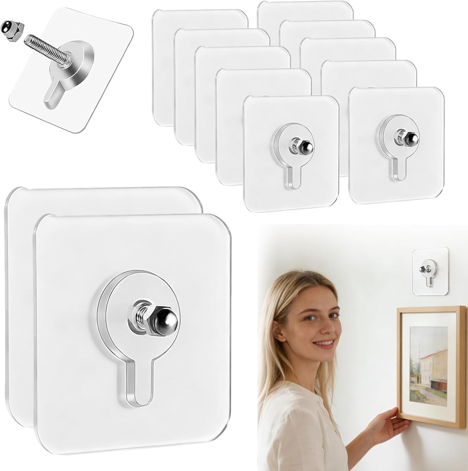 No-Drill Screw Stickers, 2026 Upgraded Reusable Drill Free Adhesive Hooks, Removable Nail Free Wall Hangers, Picture Hangers Without Nails for Wall Mount, Bathroom, Home, Kitchen, Office (12PCS)
