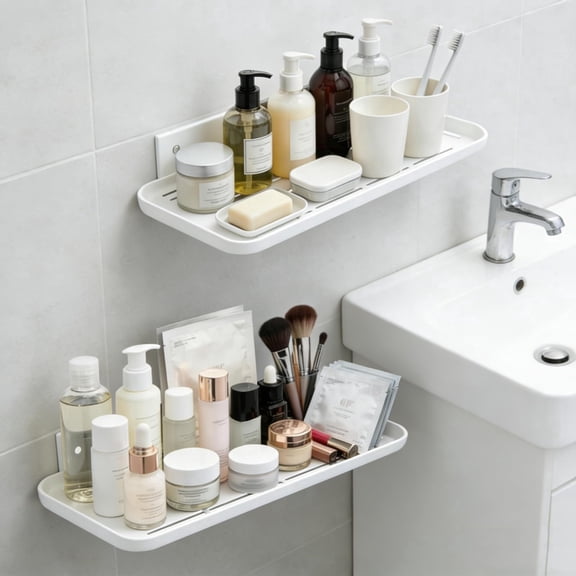 2 Pack No Drill Self Adhesive Floating Shelves, Wall Mounted Organizer for Bathroom Kitchen Living Room White