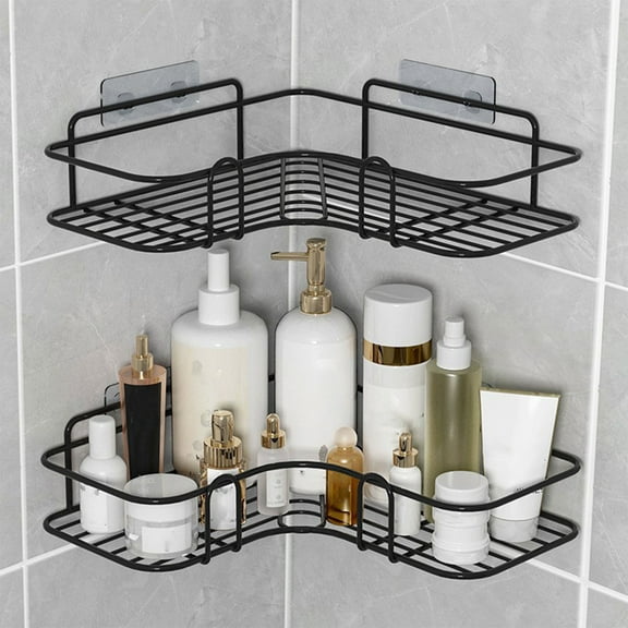 ‌No Drill Shower Caddy 26x26cm - Heavy Duty Iron Corner Shelf for Bathroom/Kitchen, 5KG Capacity Rustproof Wall Mounted Organizer with Adhesive, 2-Tier Black Storage Rack‌