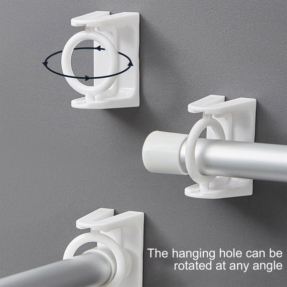 No Drill Shower Curtain Rod Holder, 360 Rotating Wall Mounted Hooks, Adhesive Curtain Rod Support Brackets White Plastic 2 Pack