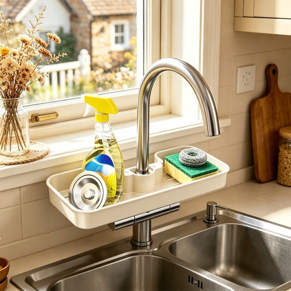 No-Drill Sink Faucet Storage Rack, Kitchen Bathroom Sponge Drain Organizer Tray, Multi-Purpose Tap Hanging Shelf Accessories Holder