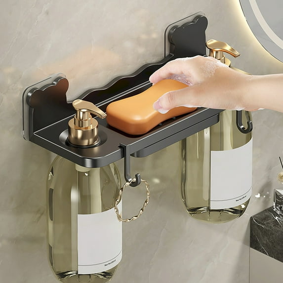 No Drill Soap Dispenser Holder, Wall Mounted Adhesive Bathroom Organizer for Shampoo Bottles and Conditioner, Space Saving Storage Rack for Kitchen