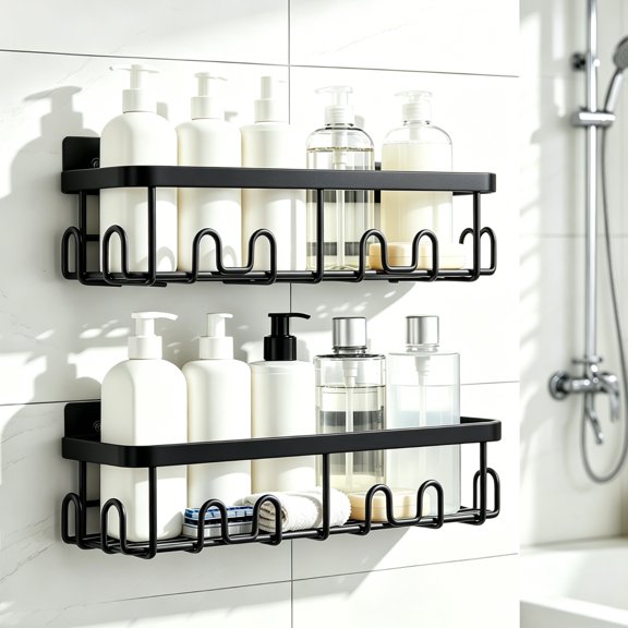 No Drill Stainless Steel Shower Caddy 2 Pack Rustproof Bathroom Shelf with Hooks