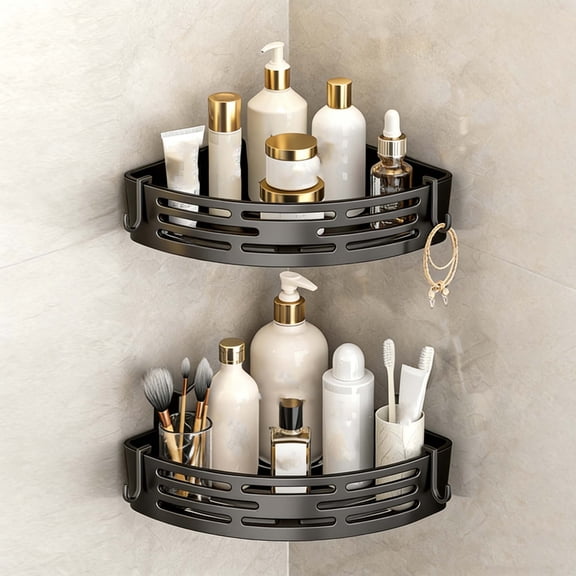No-Drill Suction Cup Corner Shower Caddy - Triangular Wall-Mounted Bathroom Storage Rack for Space-Saving Organizer for Bathtubs(Double Layer,Black)
