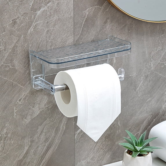 No Drill Toilet Paper Holder with Storage Shelf, Wall Mounted Tissue Roll Holder for Bathroom, Adhesive Installation, Clear Design