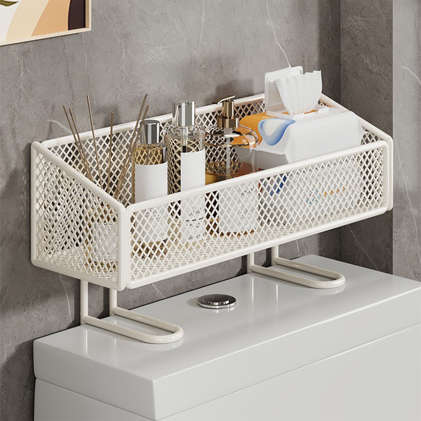 No-Drill Toilet Shelf, Over-The-Toilet Storage Rack, Open Mesh Bathroom Organizer, White or Black Iron, 35x25x13cm, 1-Piece
