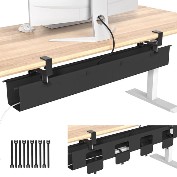 No Drill Under Desk Cable Management Tray 47.5" Fabric Clamp Mount Cord Organizer For Table Heavy Duty Wire Office Home Black
