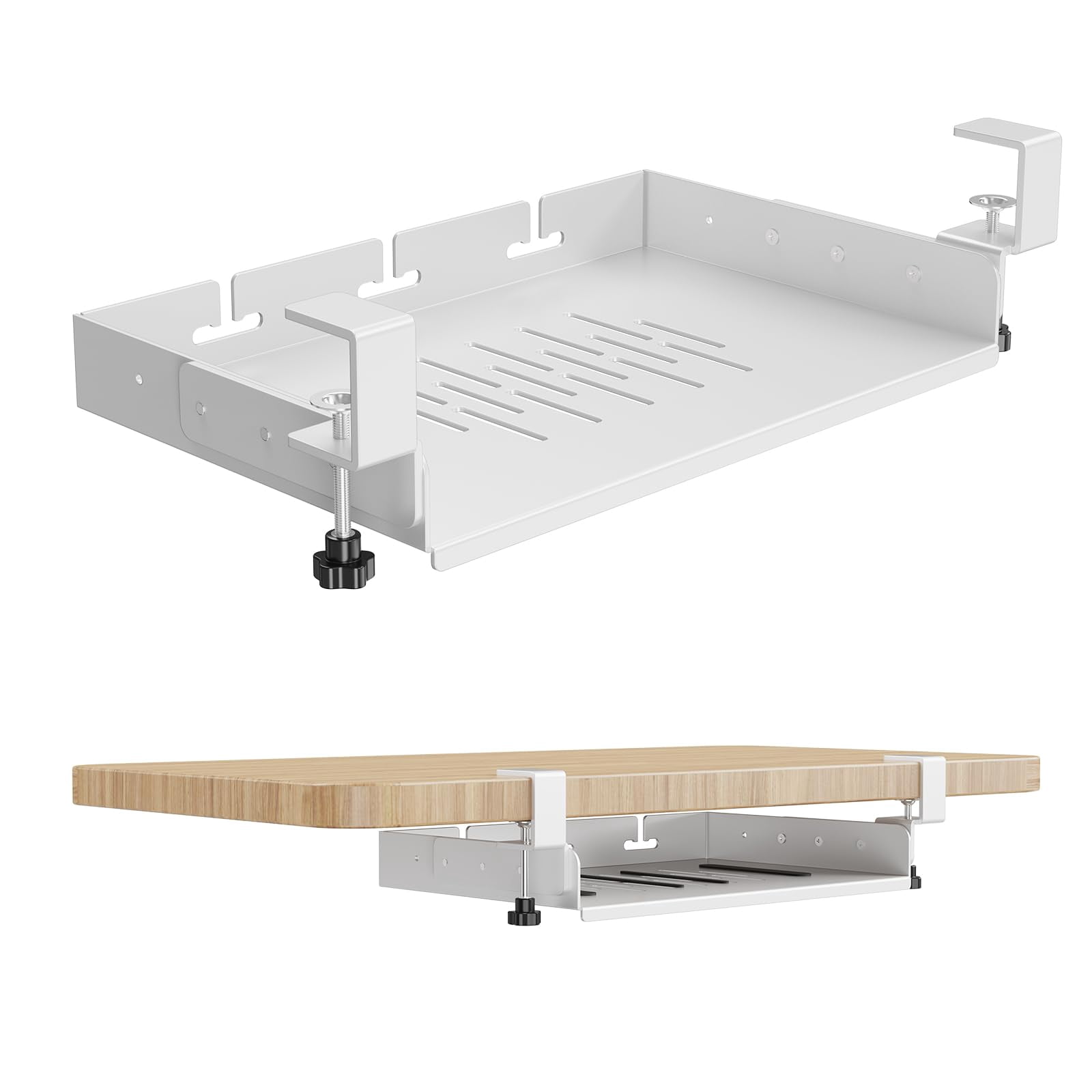 No Drill Under Desk Storage Shelf  Metal Drawer Organizer With Clamp Mount Adds Tray For Office Desks Table Gaming Workstations (white)