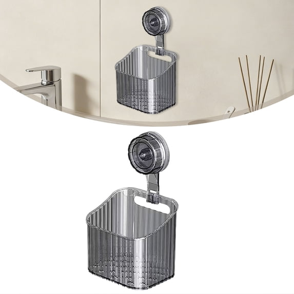 No-Drill Vacuum Suction Cup Wall Storage Box, Clear PET Bathroom Shower Caddy with Drain Holes, Multi-Purpose Wall Mount Organizer for Vanity Countertop & Kitchen Sink