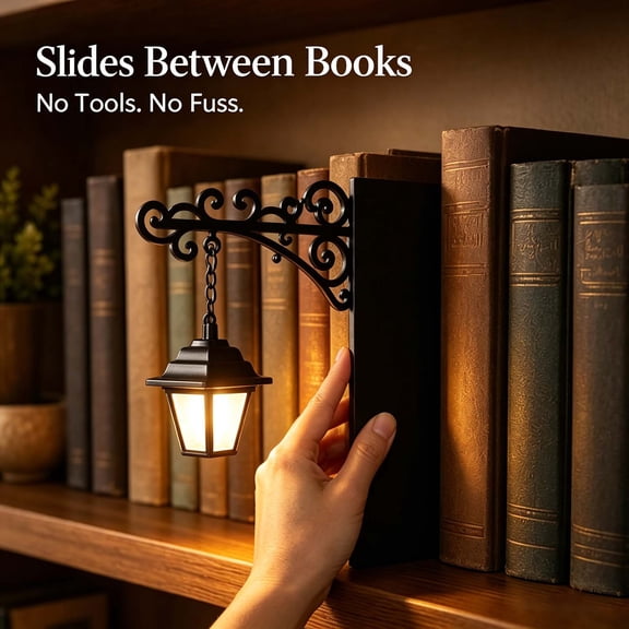 No-Drill Vintage Scroll Bookshelf Lamp, Compact Iron Metal Small Table Lamp with Chain, Warm Glowing Library Lantern for Study and Bedroom Decor