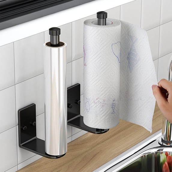 No Drill Wall Mount Paper Towel Holder And Cling Film Dispenser, Adhesive Multi Function Kitchen Roll Organizer Rack For Cabinet Under Storage(A)