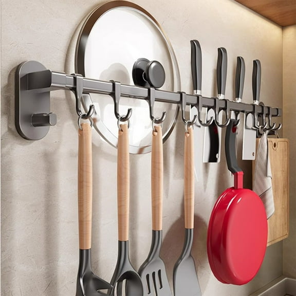 No-Drill Wall Mounted Hook Rack - Adjustable Kitchen Utensil Organizer for Pots, Pans & Spoons, Space-Saving Storage Solution (Gunmetal, 11.8x3.7in)