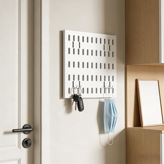 No Drill Wall Mounted Pegboard with Drainage Basket, Multi Functional Kitchen Organizer for Utensils Towels, Removable Hooks Storage System