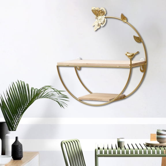 No Drill Wall Mounted Shelf with LED Lights, Golden Iron Storage Rack for Living Room, Bathroom & Kitchen Decor Gold